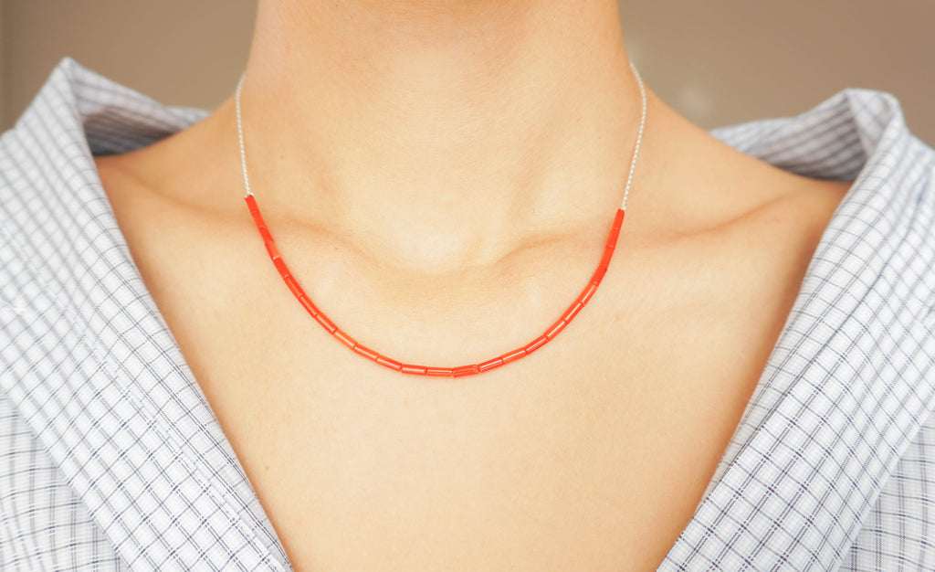 coral necklace with silver chain